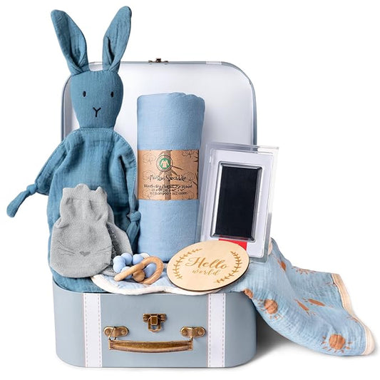 Baby Shower Gifts for Boys, Baby Boy Gifts & Newborn Essentials Bunny Lovey Security Blanket Wooden Milestone Card Infant Rattle Toy, Neworn Boy Gift Basket Set