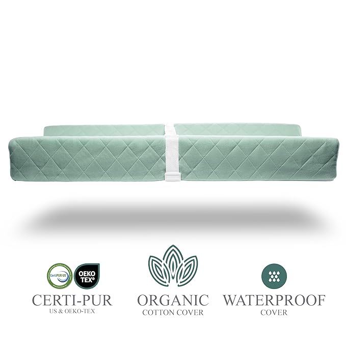 Organic Cotton Contoured Baby Changing Pad w/Waterproof Foam Mattress, Includes Soft, Removable & Washable Cover, Safety Strap, Non-Slip Bottom, Topper for Standard Size Infant Diaper Table & Dresser