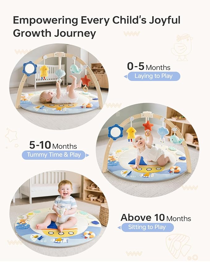 Baby Play Gym Activity Mat, 5 Developmental Zones Wooden Tummy Time Mat with 7 Detachable Sensory Toys for Motor Skills & Sensory Development, Baby Essentials Shower Gift, Easy to Install