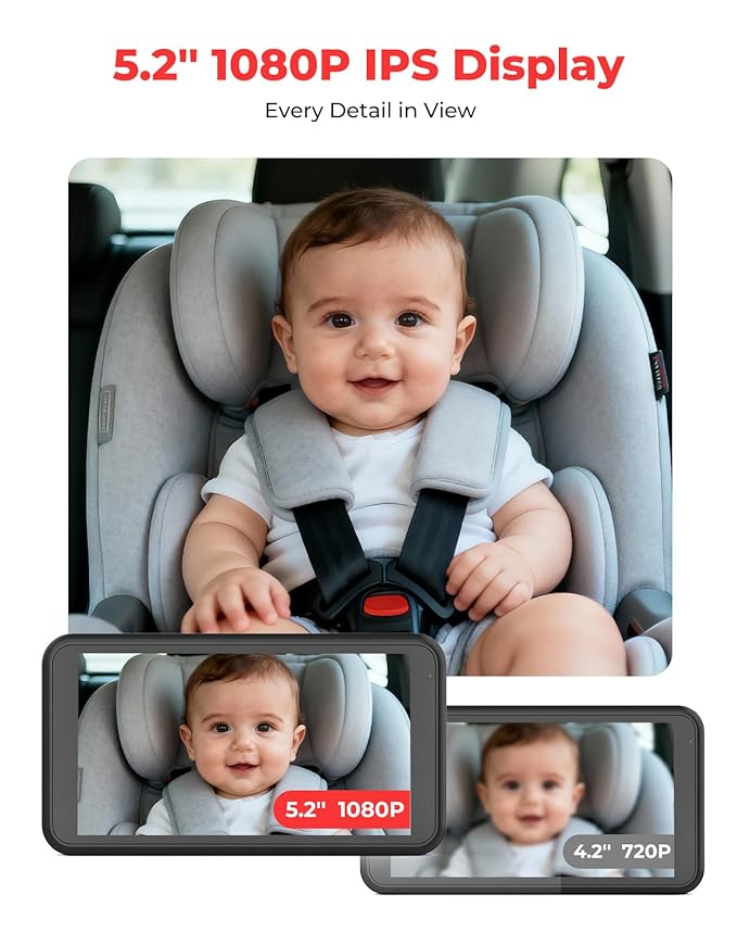 BM2A Baby Car Camera, Night Vision & 5.2" 1080P Display for Rear-Facing Car Seats, Easy No-Damage Install, Patented Anti-Shake Mount – Ideal for Parents and Pet Owners