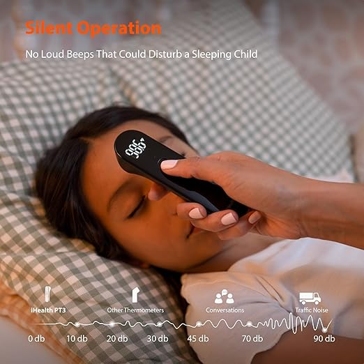 iHealth No-Touch Digital Forehead Thermometer for Adults, Babies, Kids, 3 Ultra-Sensitive Sensors, Quiet Vibration Feedback, Large LED Digits, Easy to Use for Home, PT3 Black