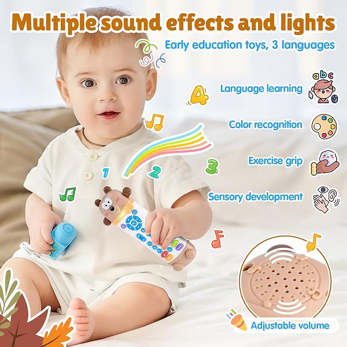 Baby Remote Control Toy, Remote Teether for Baby with Realistic Light and Sounds - 3 Languages (English, Spanish & French), Baby Musical Toys Gifts for Boys Girl 6 Month+