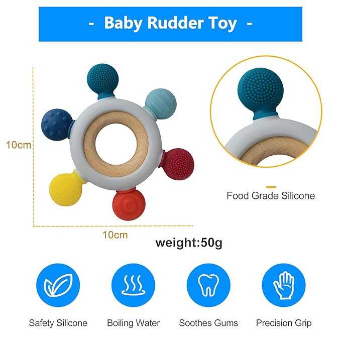 Arudyo Baby Teething Toys Silicone Teethers BPA Free Silicone Rudder with Wooden Ring Soothe Babies Gums (Rainbow)