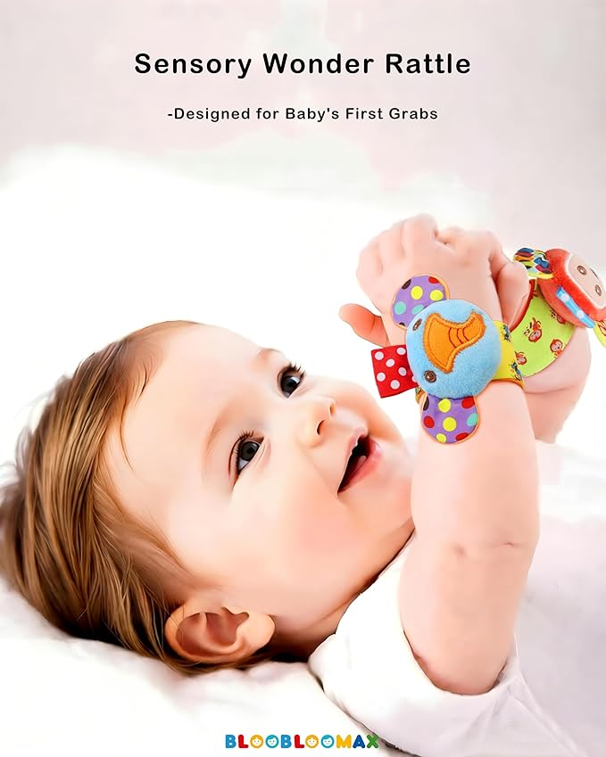 SSK Soft Baby Wrist Rattle Foot Finder Socks Set,Cotton and Plush Stuffed Infant Toys,Birthday Holiday Birth Present for Newborn Boy Girl 0/3/4/6/7/8/9/12/18 Months Kids Toddler,4 Cute Animals