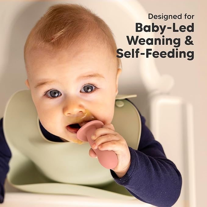 KeaBabies 4-Pack Silicone Baby Spoons and Forks Set - Baby Led Weaning Utensils 6-12 Months, Self Feeding Toddler Spoon & Fork for Training, Teething, Easy to Hold, BPA-Free Silicone (Roseate)