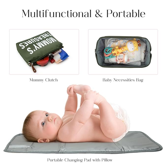 printe 6pcs Large Diaper Bag Tote with Changing Pad & 2 Organized Pouches, Mom's Bag for Hospital with Pacifier Case, Straps, Stroller Hook, Baby Diaper Bag for Weekender Travel, Olive Green