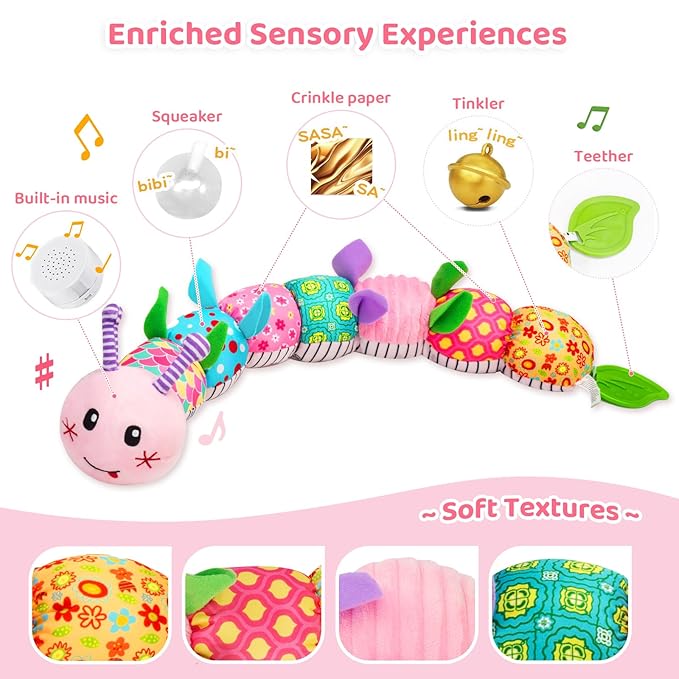 Baby Toys 0-12 Months, Caterpillar Musical Plush Stuffed Toy for Infant, Animal Soft Rattle Sensory Toys with Teether for Tummy Time, Newborn Boy& Girl Shower Birthday Christmas Valentines Gift