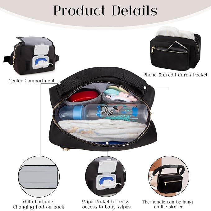 printe Small Diaper Bag with Portable Changing Pad, Crossbody Women Waist Bag with Wipes Pocket for Travel, Stroller Fanny Pack, Black