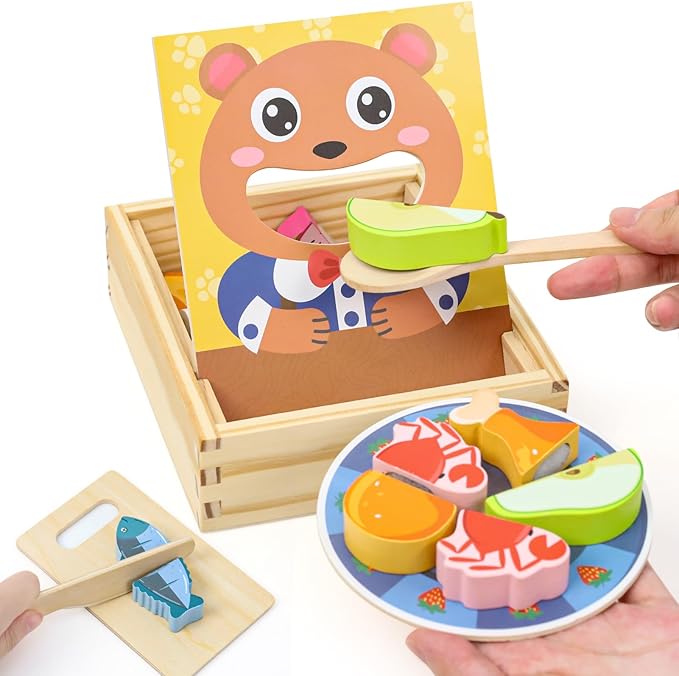 Wooden Baby Feeding Toy-Montessori Pretend Play Food Set for Toddlers 1-3 Safe Non-Toxic Wooden Cutting Food Toy Fruits Vegetables Perfect for Play Kitchen Food Pretend Play for Kids Boy Girl Gift