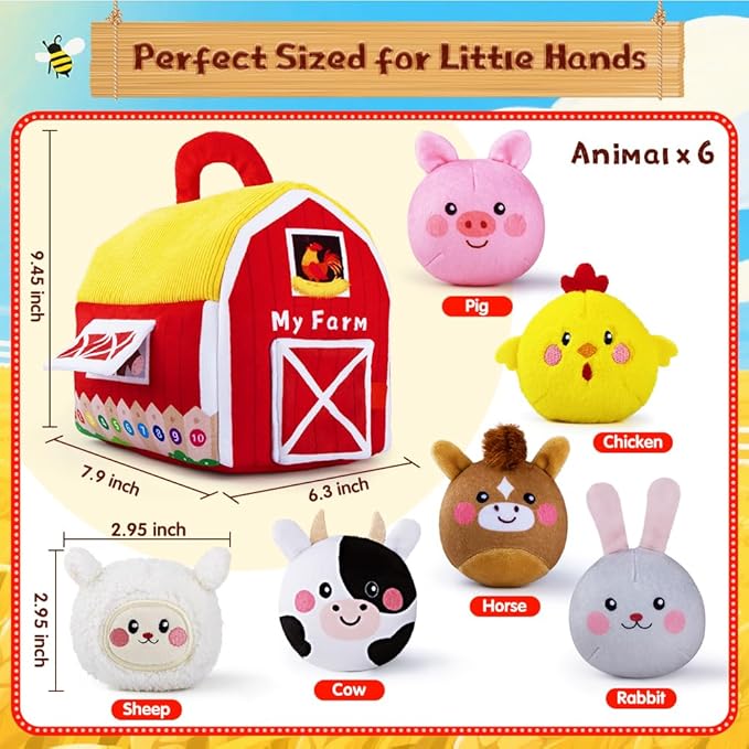 teytoy Baby Toys for Newborn 6-12 Months, Soft Barn with 6 Stuffed Farm Animals Playset for Toddlers Boys Girls 1-3 Years Baby Sensory Toys Birthday Easter Basket Stuffers Christmas Gifts