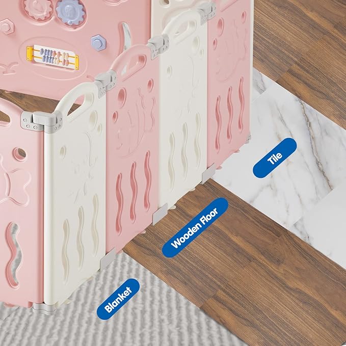 Albott Baby Playpen, 14 Panels Foldable Baby Fence with Game Panel and Safety Gate, Adjustable Shape, Portable Play Yards for Children Toddlers Indoors or Outdoors (Pink+White,14 Panel)