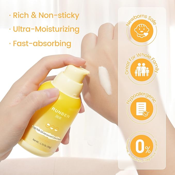 RUNBEN Nourishing Baby Face Cream with Egg Yolk Oil, 48H Deep Moisturizing, Advanced Repair Barrier Cream, Relieves Kids Dry & Sensitive Skin, Non-Toxic & Fragrance-Free, 1.76 oz
