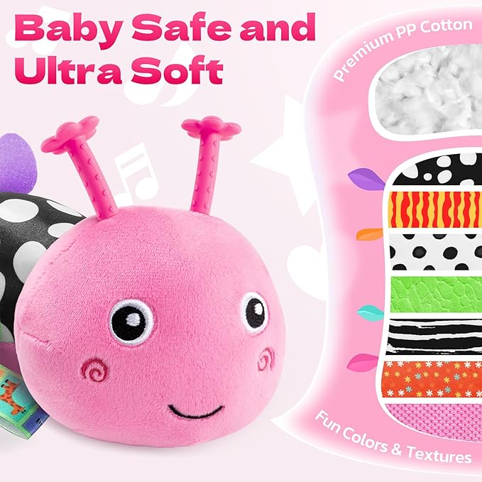 HEMRLY Baby Sensory Toy 0-6 Months, Musical Stuffed Caterpillar Plush with Teether, Crinkle, Rattle, Baby Mirror for Tummy Time, Infant Car Seat Toy for 0-3-6-12 Month Boys Girls Gifts - Winged Pink