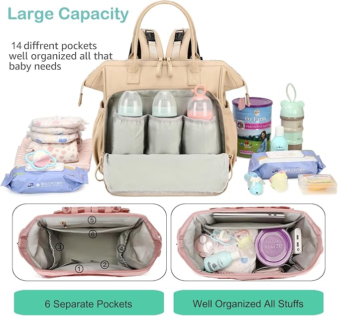 Large Diaper Bag Tote, 14 Pockets Stylish Baby Bag with Stroller Clips and 3 Insulated Pockets, Baby Shower Essentials