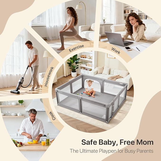 Baby Playpen,Extra Large Playpen for Babies and Toddlers, Sturdy Play Pen Play Yard with Safety Gate,79”x71”Baby Play Pen(Cationic Light Grey)