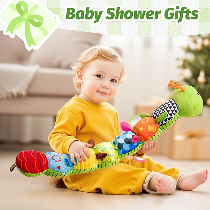 Baby Toys 0-6 Months, Musical Caterpillar Baby Rattle, Plush Sensory Toy with Mirror, Crinkle Textures, Newborn Developmental Tummy Time Stuffed Animal for Infants Boys Girls 6-12 Month (Green)