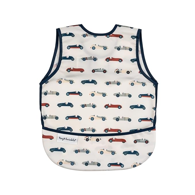 Tiny Twinkle Mess Proof Baby Bib for Girls | Waterproof Toddler Bib for Eating | Baby Apron for Feeding | Machine Washable | Perfect Shower Gift (Vintage Cars, 6–24M)