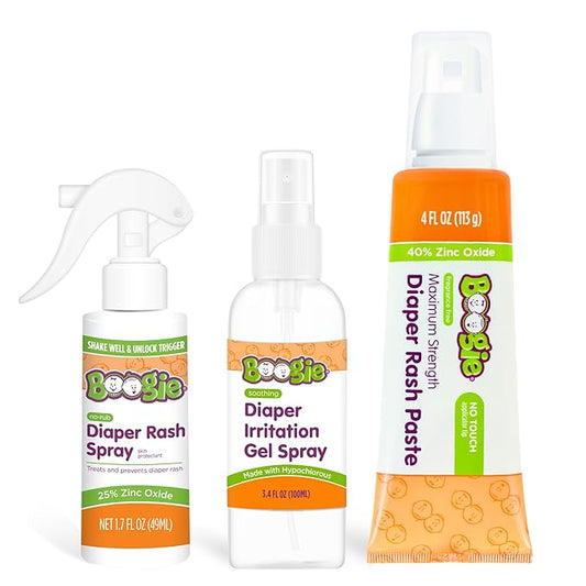 Boogie Diaper Rash Baby Bundle – Rash Spray, Extra Strength Paste, and Irritation Gel Spray – Diaper Bag Essentials for Newborns, Infants, & Toddlers, Set of 3 Baby Must Haves