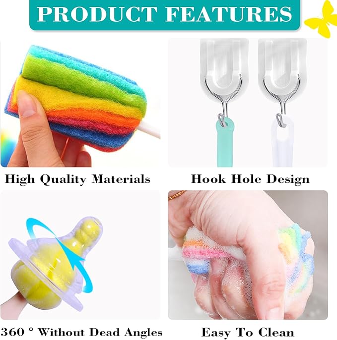 Bottle Brush Cleaner 4PCS Sponge Cleaning Brushes Long Handle Scouring Pad Scrub Brushes for Kitchen Clean Baby Bottle Glasses Mugs Cups (4 Colorful Brush+4 Nipple Brush)