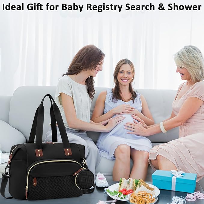 Diaper Bag Tote with Pacifier Case, Baby Bag for Women with Shoulder Straps, Travel Diaper Tote for for Mom and Dad Black