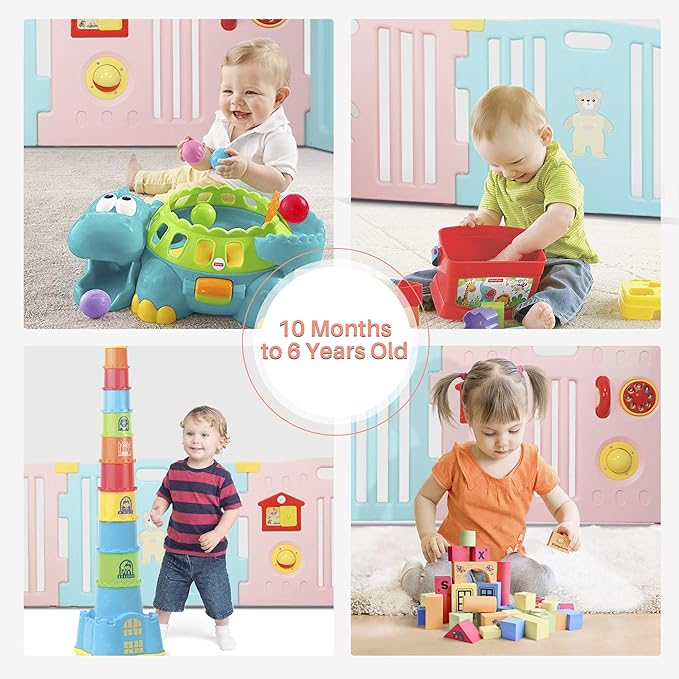Kidzone Interactive Baby Playpen 8 Panel Play Yard with Safety Gate Children Play Center Child Activity Pen Anti-Fall Play Pen for Toddler, ASTM Certified – (Pink- Blue)