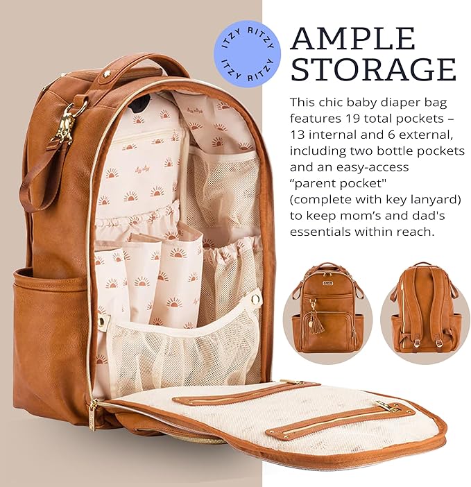Itzy Ritzy Diaper Bag Backpack – Large Capacity Boss Plus Baby Backpack Diaper Bag Featuring 19 Pockets, Changing Pad, Stroller Clips, and Comfortable Straps (Cognac)