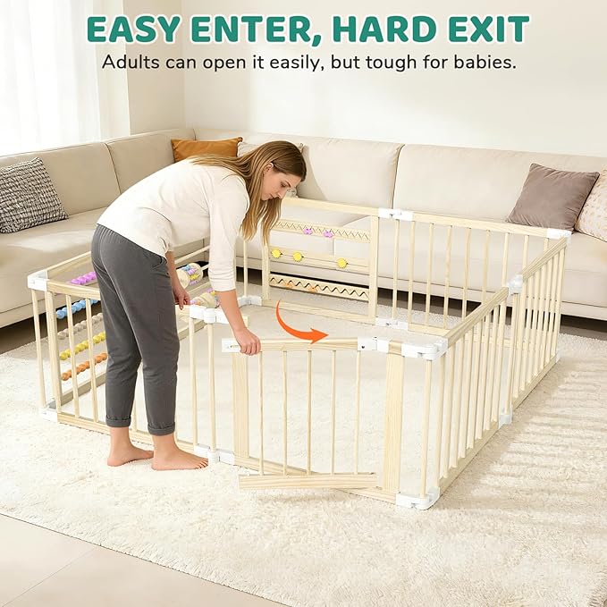 OMZER 67x67 Inch Wooden Baby Playpen - Foldable Baby Gate Playpen for Babies and Toddlers - Indoor & Outdoor Portable Play Fence Area Wood Enclosure - Adjustable Extra Large Play Yard Pen for Kids