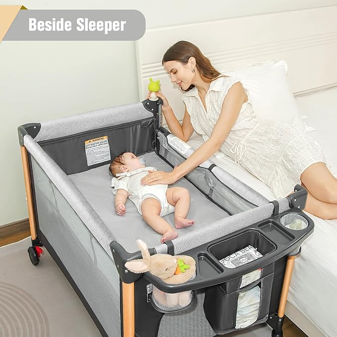 Baby Bassinet 5 in 1 Pack and Play,Baby Crib Adjustable Beside Sleeper One-Second &One-Hand Setup,Portable Playard Foldable Playpen for Newborn,Babies and Toddlers with Changing Table,Mattress (Grey)