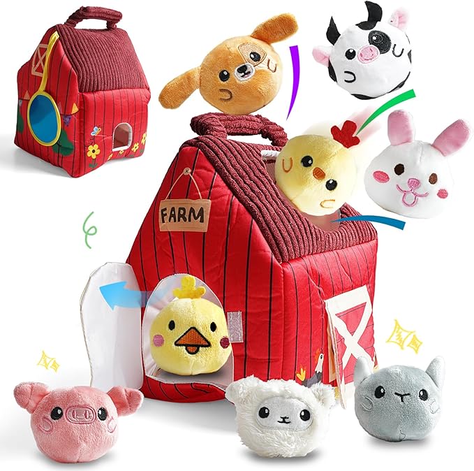 Baby Montessori Toys 6-12 Months, Busy Sensory Toys for Toddlers 1-3, Plush Big Red Barn with Stuffed Farm Animals, Rattle, Crinkle,Christmas Easter Birthday Gifts for Baby Boys Girls