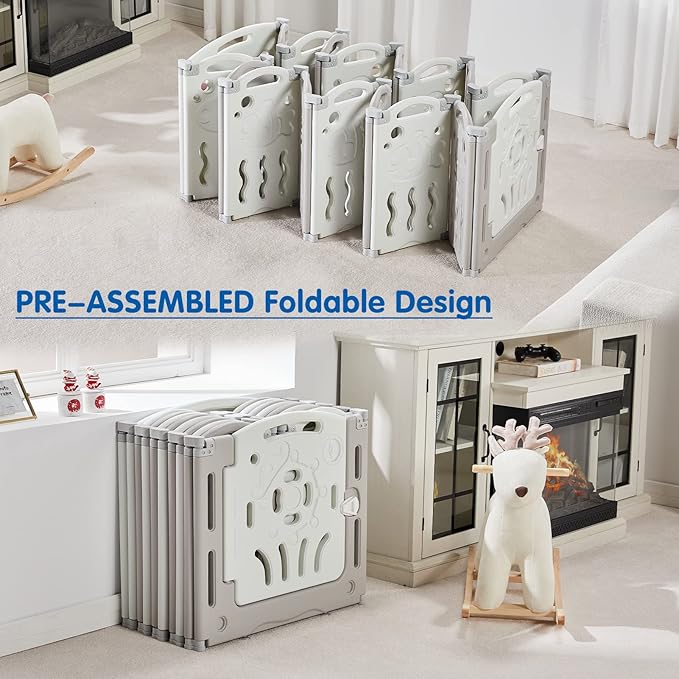 Albott Baby Playpen, Upgraded 14 Panels Foldable Baby Fence with Game Panel and Safety Gate, Adjustable Shape, Portable Play Yards for Children Toddlers Indoors or Outdoors (White+Grey,14 Panel)
