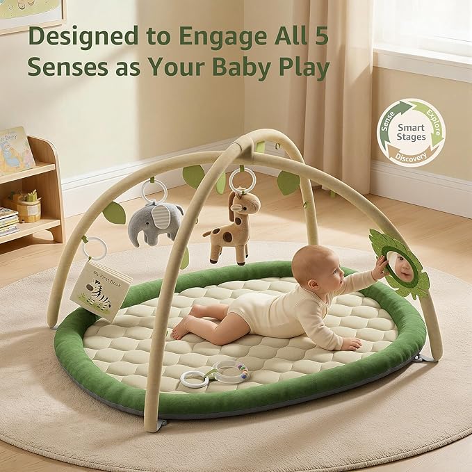 TinyThrive Baby Play Mat, Tummy Time Mat with 5 Detachable Toys, Washable Baby Play Gym for Visual, Hearing, Sensory, Motor Development, Activity Mat for Babies 0-18 Months