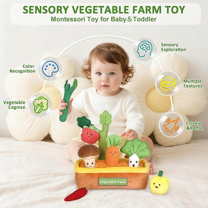 Baby Toys 6-12 Months, My First Fruits Vegetables Color Shape Sorting Montessori Toys, Plush Crinkle Rattle Textures Sensory Toy for 1 Year Old Boys Girls, Toddler Valentines Day Easter Baby Gifts