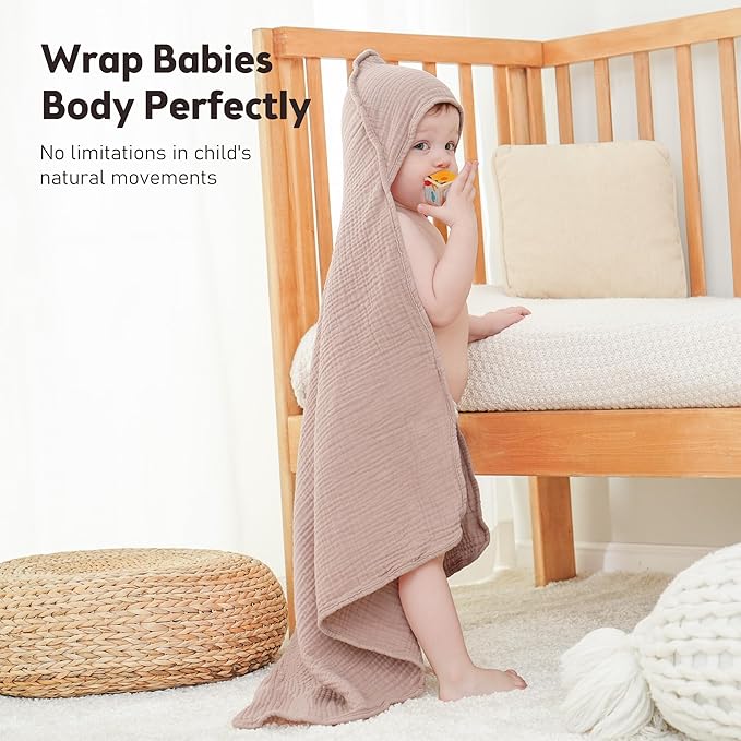 Susurration Hooded Baby Towels for Newborn 2 Pack 100% Muslin Cotton Towel for Babies，Highly Absorbent and Newborn Essential 30x30 Inch Beige&Sand