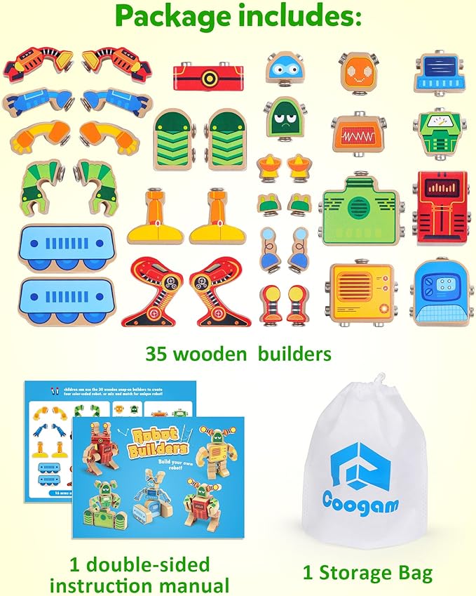 Coogam Fine Motor Building Robot Blocks for 3 4 5 Years Old Kids, Wooden Snap Together Builders, STEM Take Apart Robot Playset, Educational Learning Toy Gift for Boys Girls