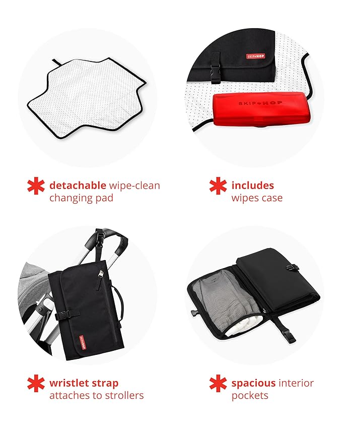 Skip Hop Pronto Signature Portable Changing Mat, Cushioned Diaper Changing Pad with Built-in Pillow, Black Stripe