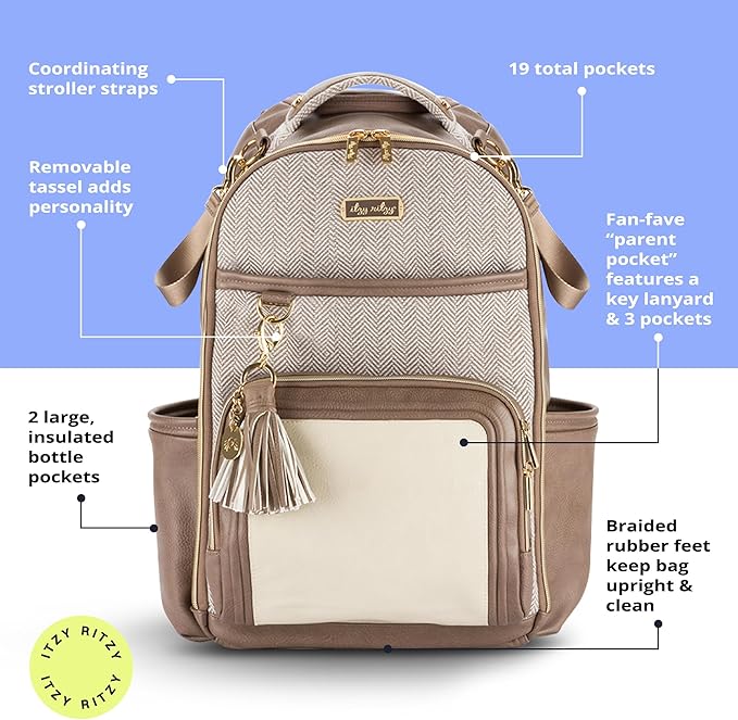 Itzy Ritzy Diaper Bag Backpack – Large Capacity Boss Plus Baby Backpack Diaper Bag Featuring 19 Pockets, Changing Pad, Stroller Clips, and Comfortable Straps (Vanilla Latte)