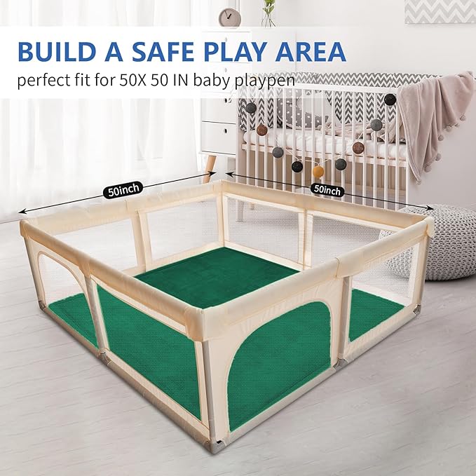 Huloo Sleep Baby Play Mat for Floor,1.3" Thick Elasti-Foam 50x50 Playpen Mats for Toddlers Infant Kids,Water-Repellent Soft Coral Velvet Tummy Time,Non Slip Crawling Rug,Tatami Mats(Dark Green)