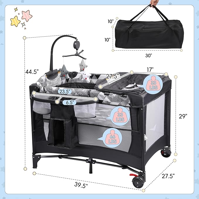 Xilingol 5-in-1 Pack and Play with Changing Table, Baby Bassinet Bedside Sleeper with Storage Bag & Music Box, Portable Baby Crib with Carry Bag, Foldable Playard with Bassinet for Newborn to Toddlers