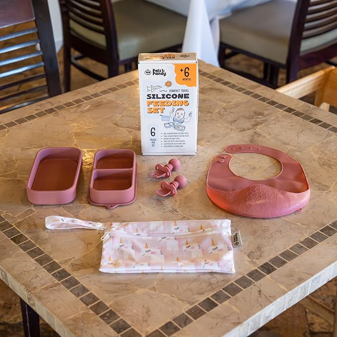 Travel Silicone Baby Feeding Set - Portable Toddler Plates with Suction, Soft Baby Spoon & Fork, Lightweight Foldable Silicone Bib & Waterproof Storage Bag – 6 Piece Set (dark pink)