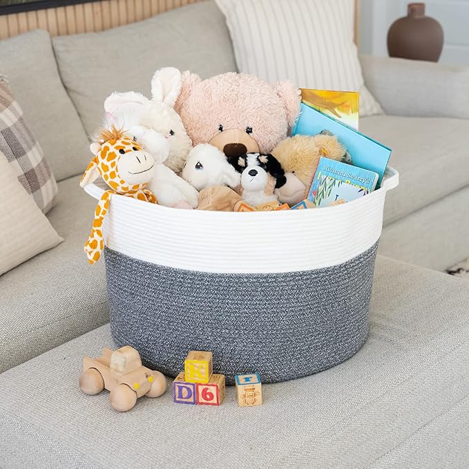 Little Hippo XXL Cotton Rope Basket, 100% Natural! Large Baby Gift Basket, White & Dark Gray