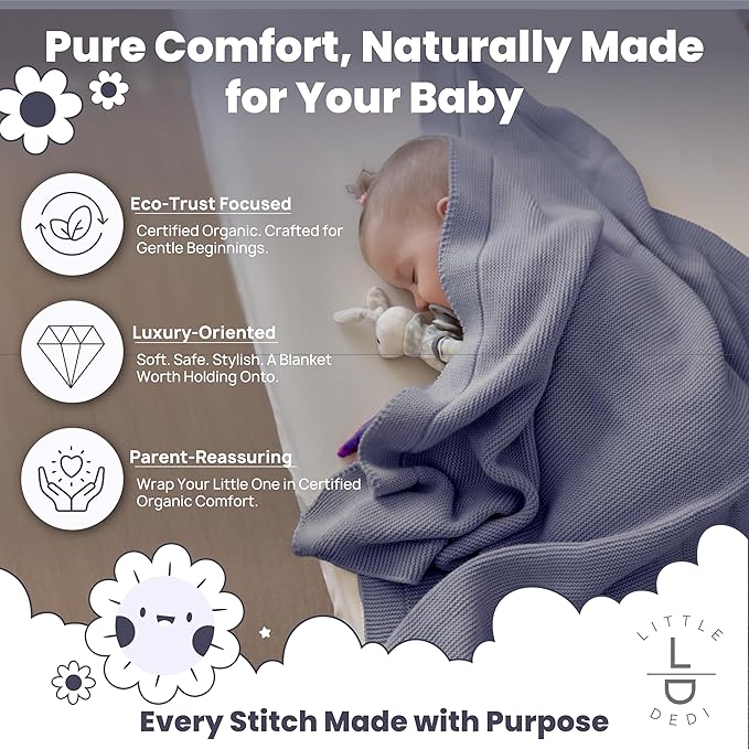 Little Dedi 100% Organic Cotton GOTS Certified Baby Knitted Blanket with Gift Box - Soft Toddler, Crib, Stroller Blanket - Neutral Swaddle and Receiving Blanket for Newborns, 30"x40", Grey Blue