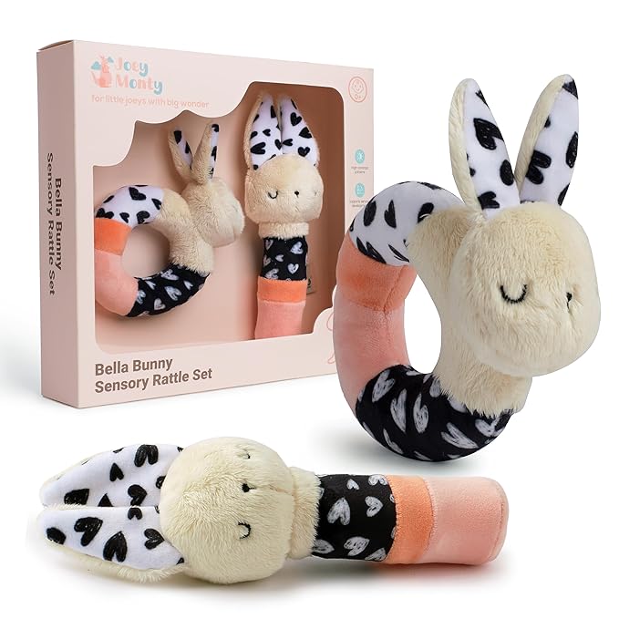 Bella Bunny Sensory Rattle Set – High Contrast Baby Toys for Newborns (0–6 Months), Soft Plush Bunny Rattle & Squeaker Gift Set for Tummy Time, Montessori & Soft Play Development
