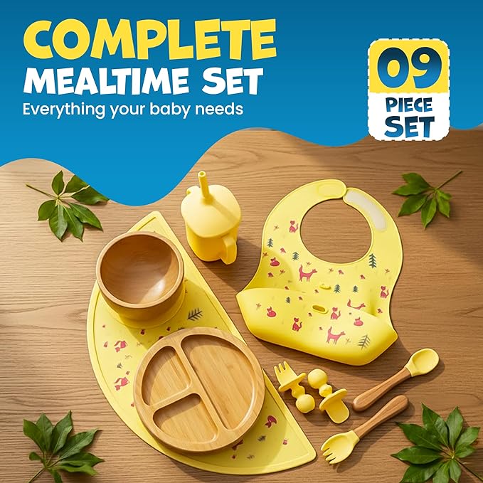 Bamboo & Silicone Baby Feeding Set 8 PCS | Baby Led Weaning Supplies Self Feeding | Divided Suction Plate Bowl Bib Sippy Cup with Straw Utensils Baby Bowls and Spoons Toddler Feeding Set (Yellow)