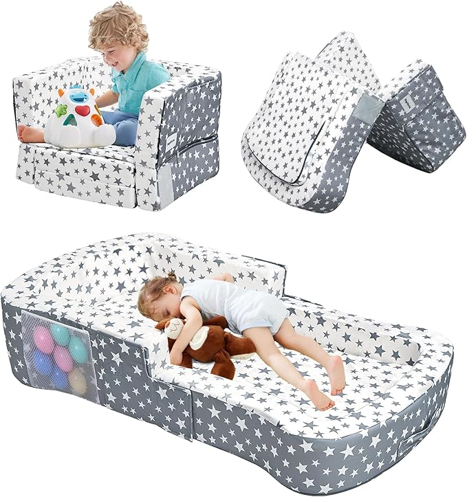Toddler Travel Bed, Portable Toddler Bed & Chair 2-in-1 – Convertible Travel Crib with Storage Pockets, Built-waterproof Oxford Cloth, Easy,Washable Covers,Soft Dutch Velvet (Stars Pattern)