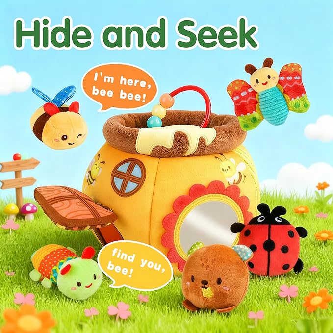 Baby Toys 6-12 Months - Soft Beehive with 5 Sensory Stuffed Animals, Rattle, Crinkle & Mirror, Montessori Toys for 6 7 8 9 10 Month Old Baby Boy Girl Valentines Gifts Easter Basket Stuffers Ages 0-2