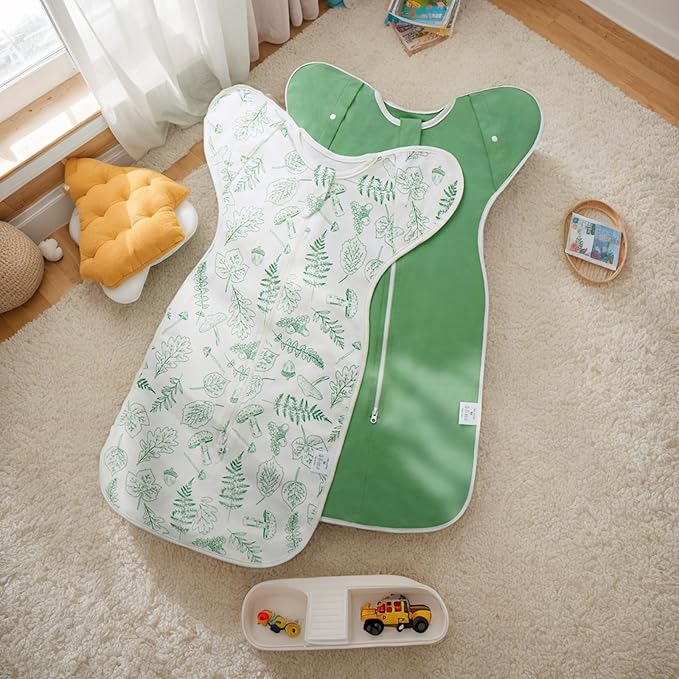2-Pack Baby Transitional Swaddle Sleep Sack - Arms Up Swaddle 3-6 Months for Infants with Cuff Removable Design & 2-Way Zipper, Green Leaves Newborn Sack