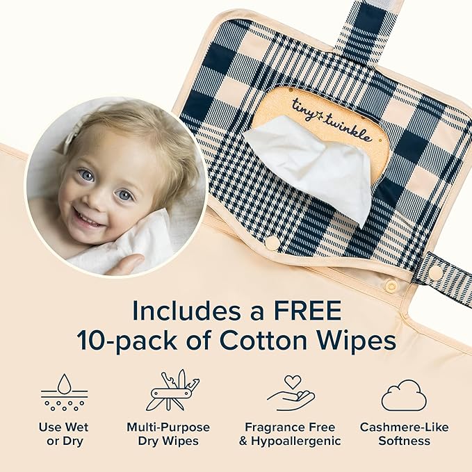 Tiny Twinkle Portable Diaper Changing Pad | Waterproof, Wipeable & Compact Baby Changing Pad for Travel | Smart Wipes Pocket & Organized Storage| Newborn Shower Gift (Gingham)