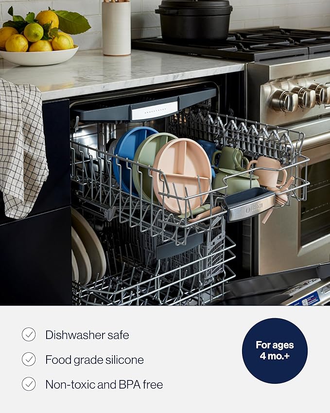 Lalo First Bites Starting Solids Silicone Baby Feeding Set with Suction Bowl, 2 Spoons and 1 Bib - 4-Piece Baby-Led Weaning Supplies - Non-Toxic Silicone Infant Tableware - Sage