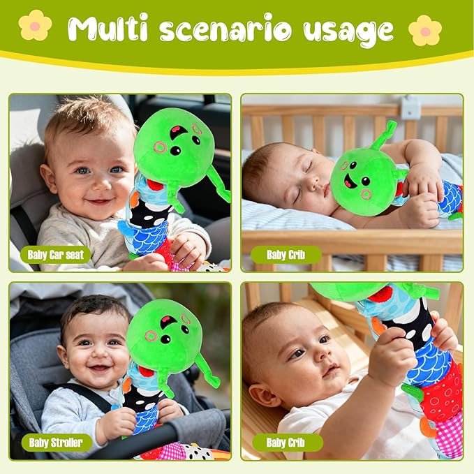 33in Plush Caterpillar Baby Sensory Toy 0-12 Months - Detachable Touch-Sensitive Music Box (30 Sounds), Baby Mirror, Crinkle Rattle & Teether - Perfect for Tummy Time, Car Seat Use - Ideal Newborn Sho