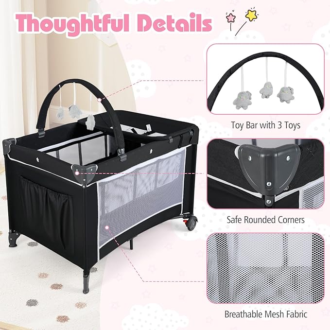 HONEY JOY Pack and Play, 4 in 1 Folding Infant Playpen with Bassinet, Quickly Assembled, Breathable Mesh Fabric, Carry Bag, Diaper Changing Table, Toys, Portable Crib for Babies & Toddlers (Black)